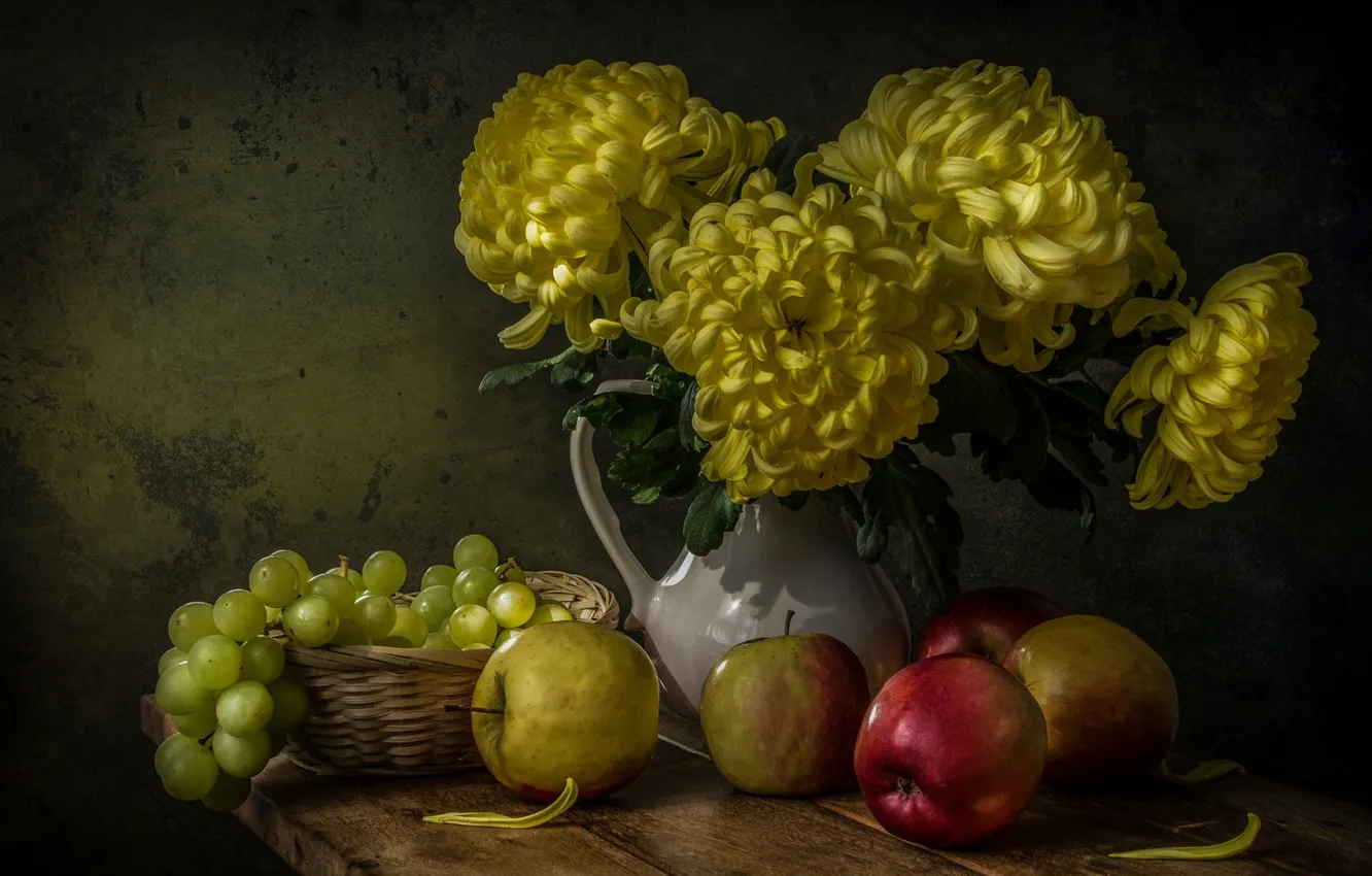 Photo wallpaper flowers, berries, apples, Board, grapes, pitcher, fruit, still life