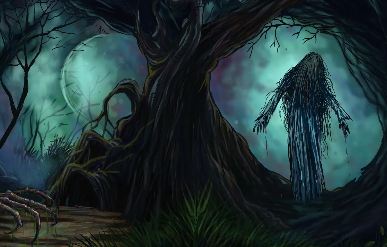 Photo wallpaper forest, trees, night, fear, evil, Halloween, horror, undead