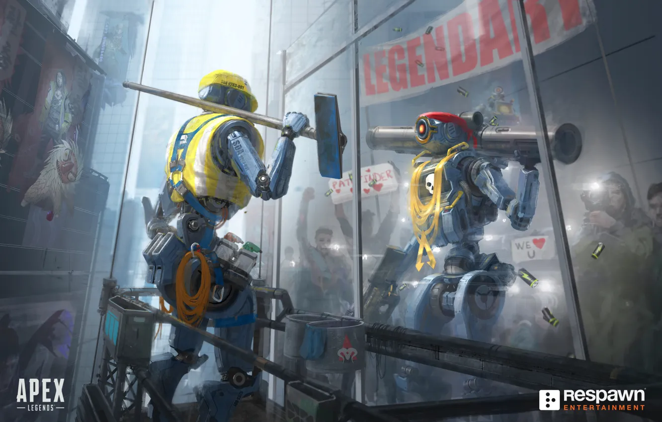 Photo wallpaper reflection, robot, art, Pathfinder, Apex Legends, MRVN