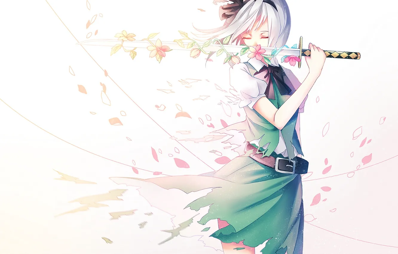 Photo wallpaper girl, flowers, weapons, katana, anime, petals, Sakura, art