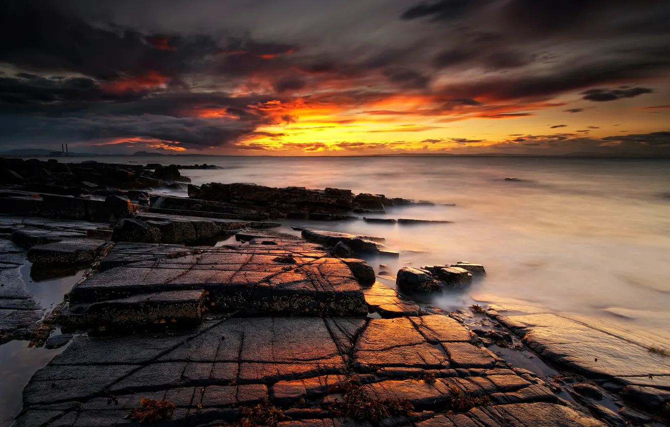 Photo wallpaper sea, sunset, stones, ...