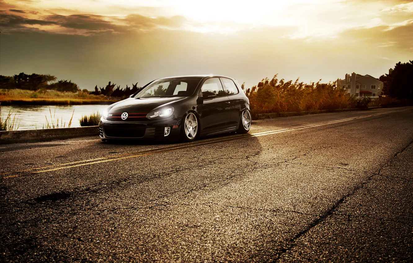 Photo wallpaper road, lake, black, Volkswagen, black, Front, GTI, Volkswagen