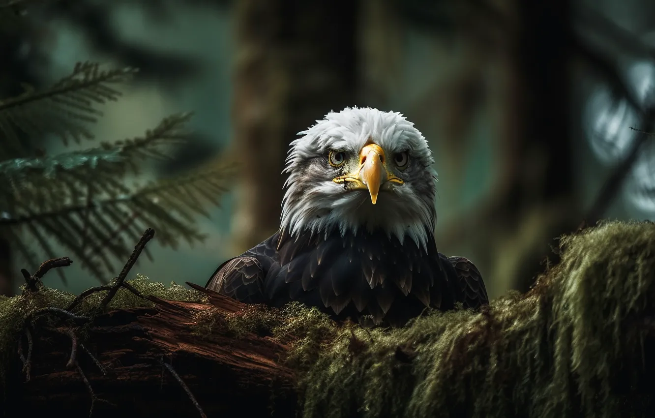 Photo wallpaper look, trees, branches, bird, eagle, predator, head, beak