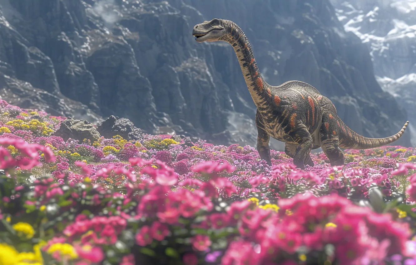 Photo wallpaper flowers, mountains, animal, dinosaur, digital art, Ancient animals, Extinct animals, Prehistoric