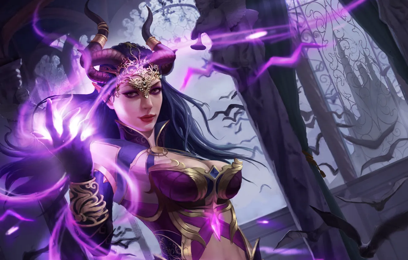 Photo wallpaper magic, fantasy, art, horns, bats, demoness