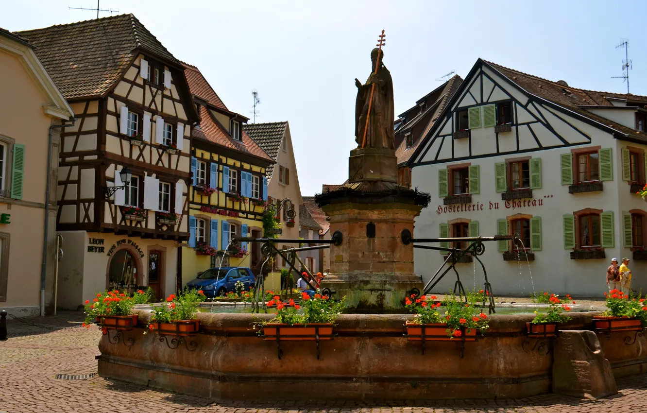 Photo wallpaper flowers, France, home, area, fountain, statue, street, Euguisheim