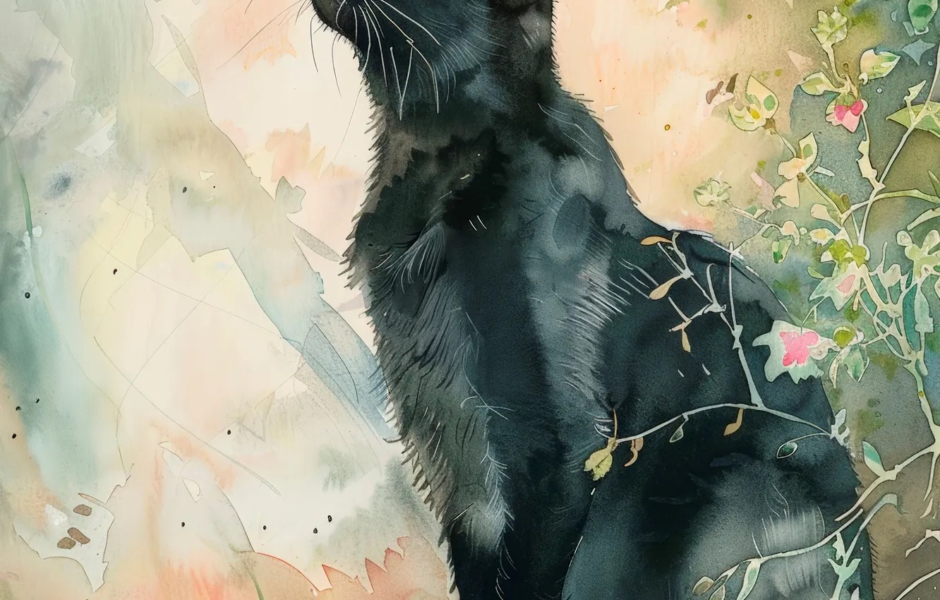 Photo wallpaper Cat, Black, Cat, Art, Side, Digital art, AI art, The Art of Artificial Intelligence