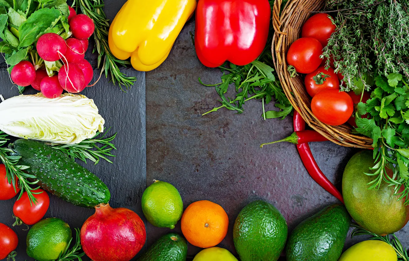 Photo wallpaper greens, bow, tomatoes, avocado, radishes