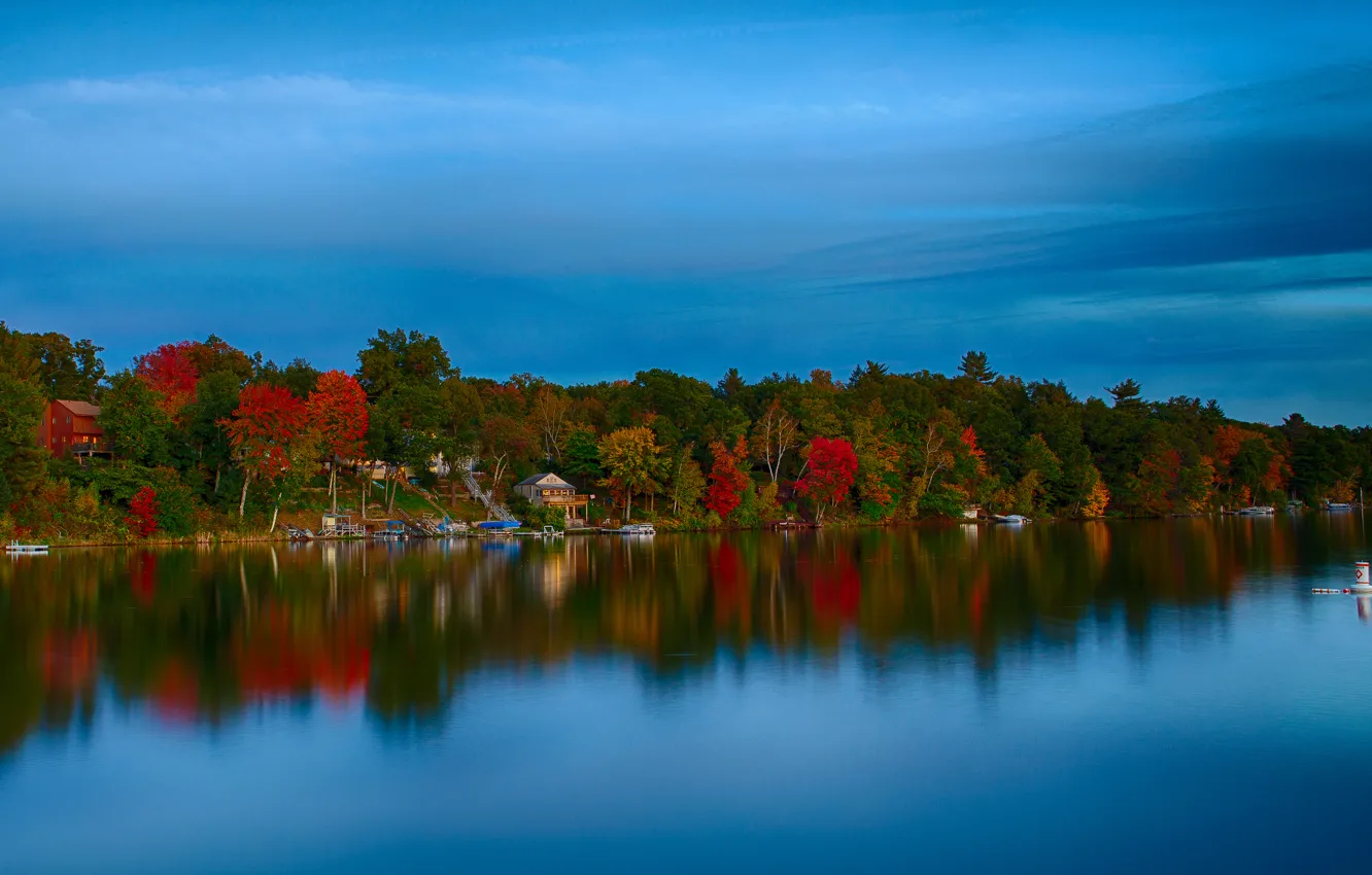 Photo wallpaper autumn, forest, the sky, trees, lake, home