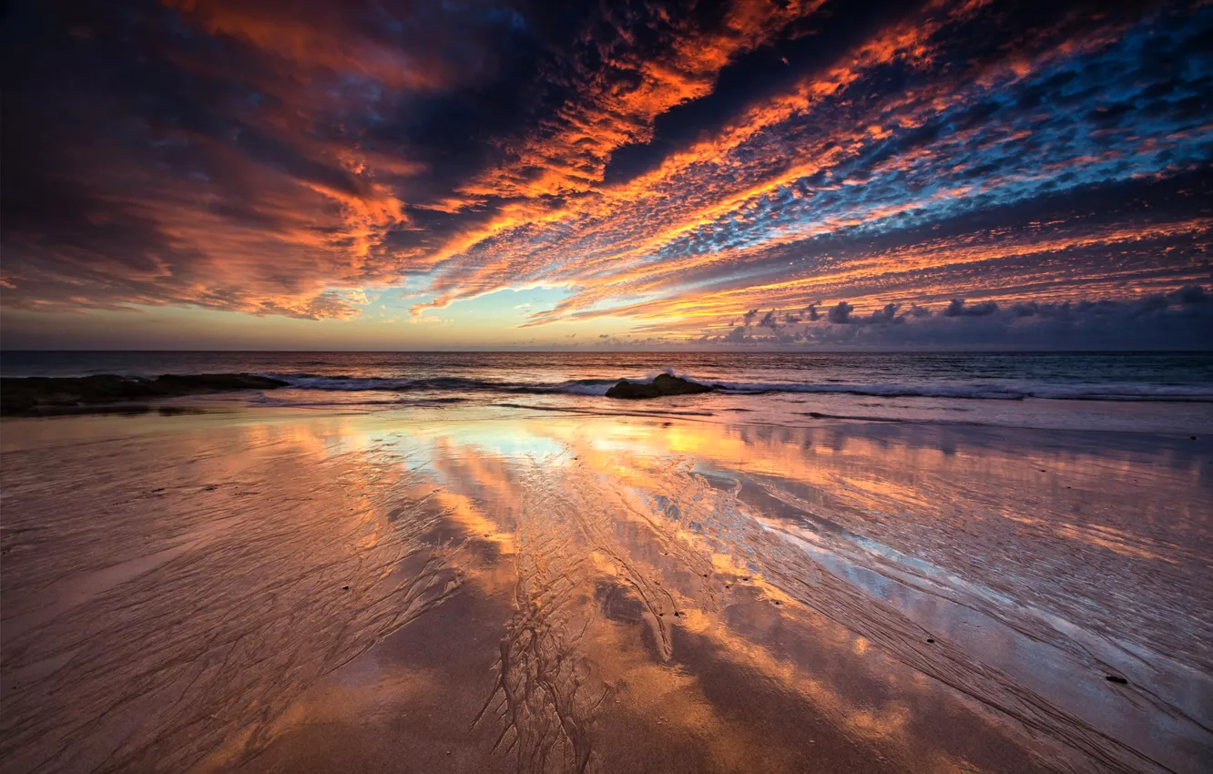 Photo wallpaper sea, the sky, clouds, sunset, reflection, tide