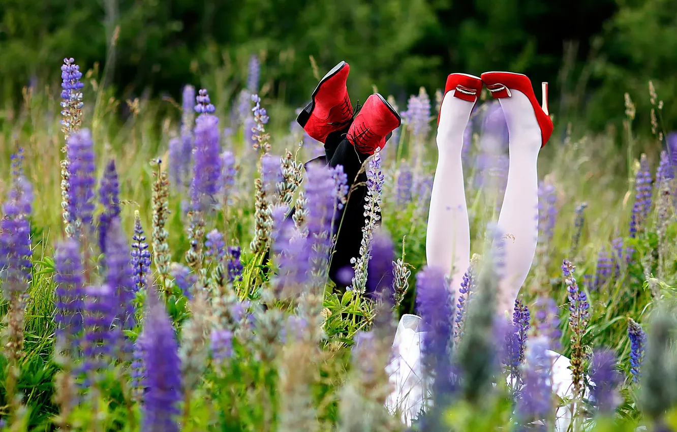 Photo wallpaper field, summer, grass, joy, happiness, feet, shoes, the bride