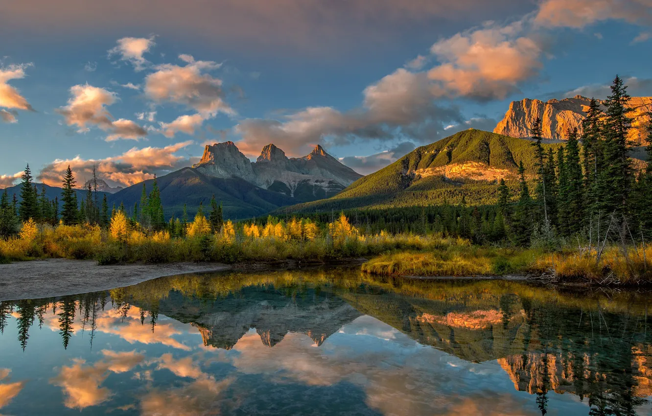 Photo wallpaper autumn, forest, clouds, light, mountains, reflection, shore, ate