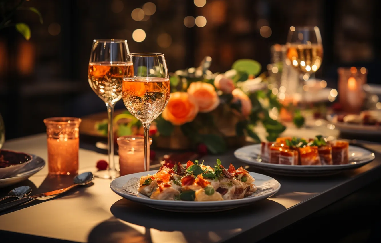 Photo wallpaper flowers, table, glass, food, the evening, candles, good mood, Bloor