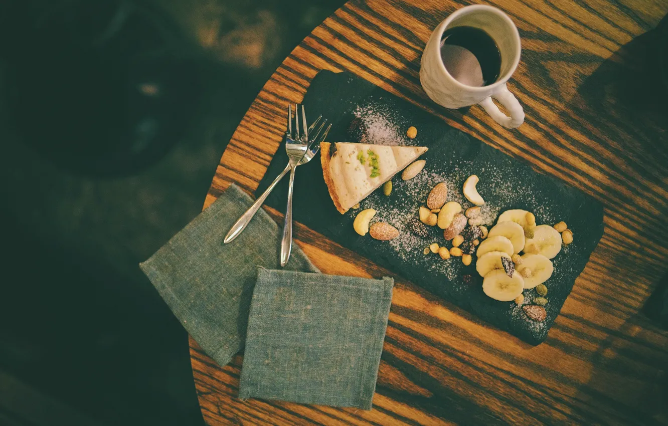 Photo wallpaper table, coffee, pie, bananas, drink, nuts, nuts, fork