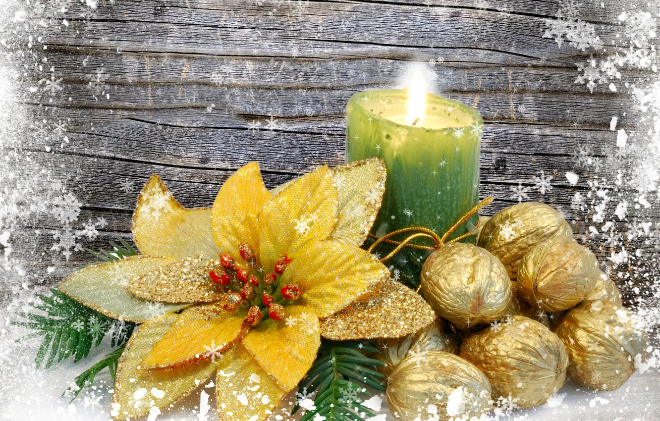 Photo wallpaper flower, snowflakes, candle, gold plated, nuts