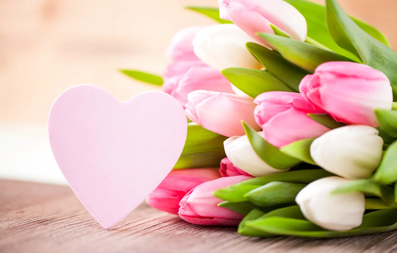 Photo wallpaper flowers, heart, bouquet, tulips, pink, white, heart