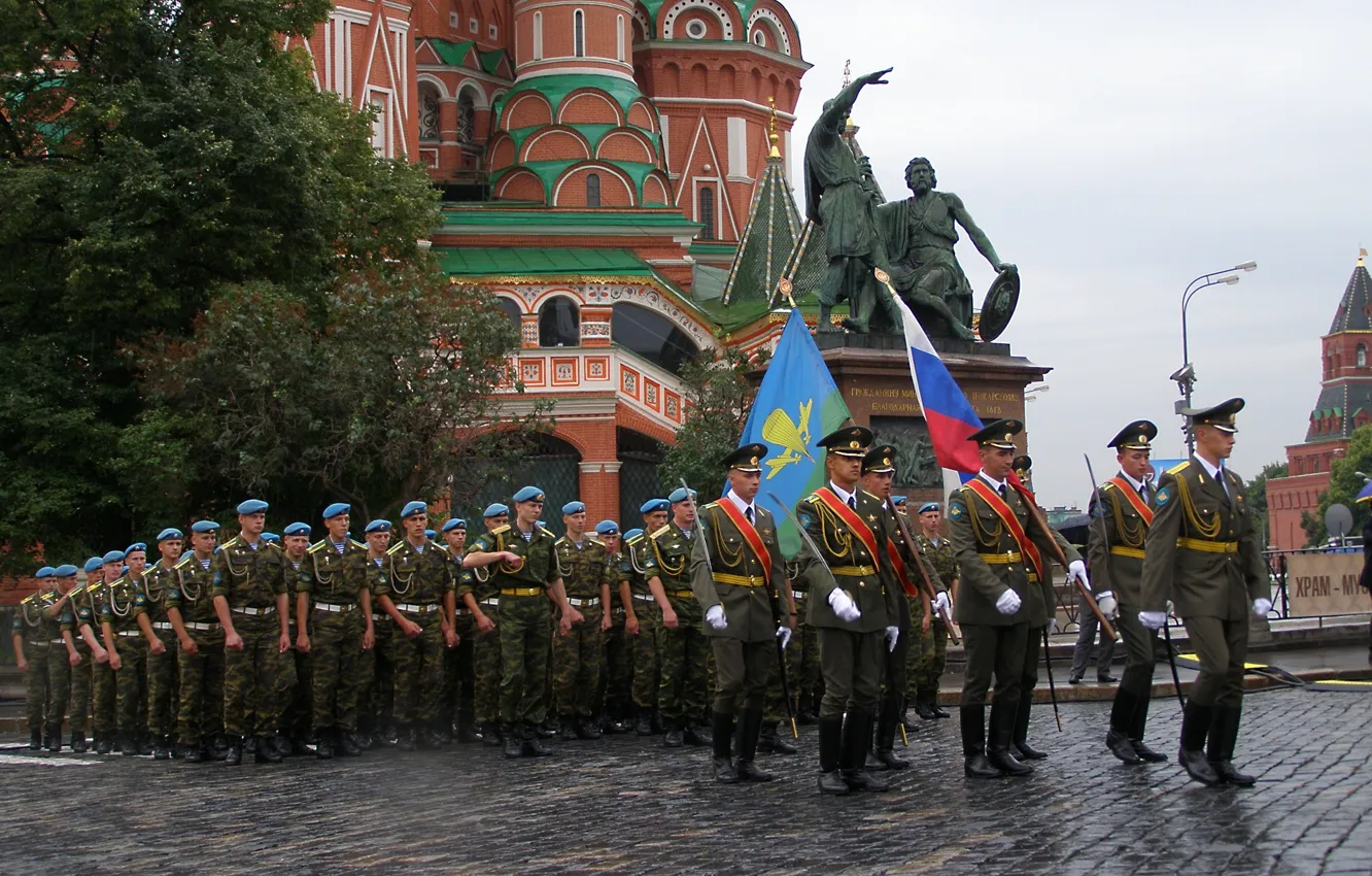 Photo wallpaper holiday, St. Basil's Cathedral, parade, red square, army, Marines, THE ARMED FORCES, monument to Minin …