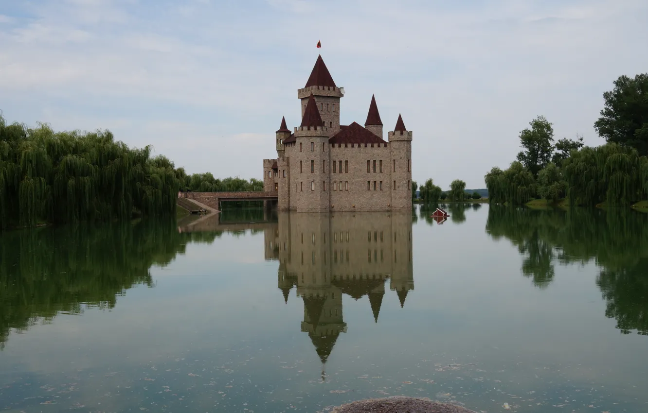 Photo wallpaper pond, reflection, castle, architecture