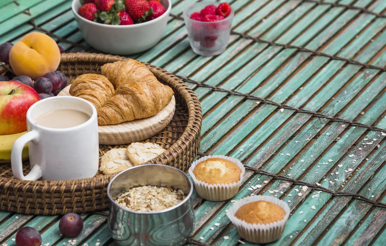 Photo wallpaper coffee, Breakfast, fruit, cakes