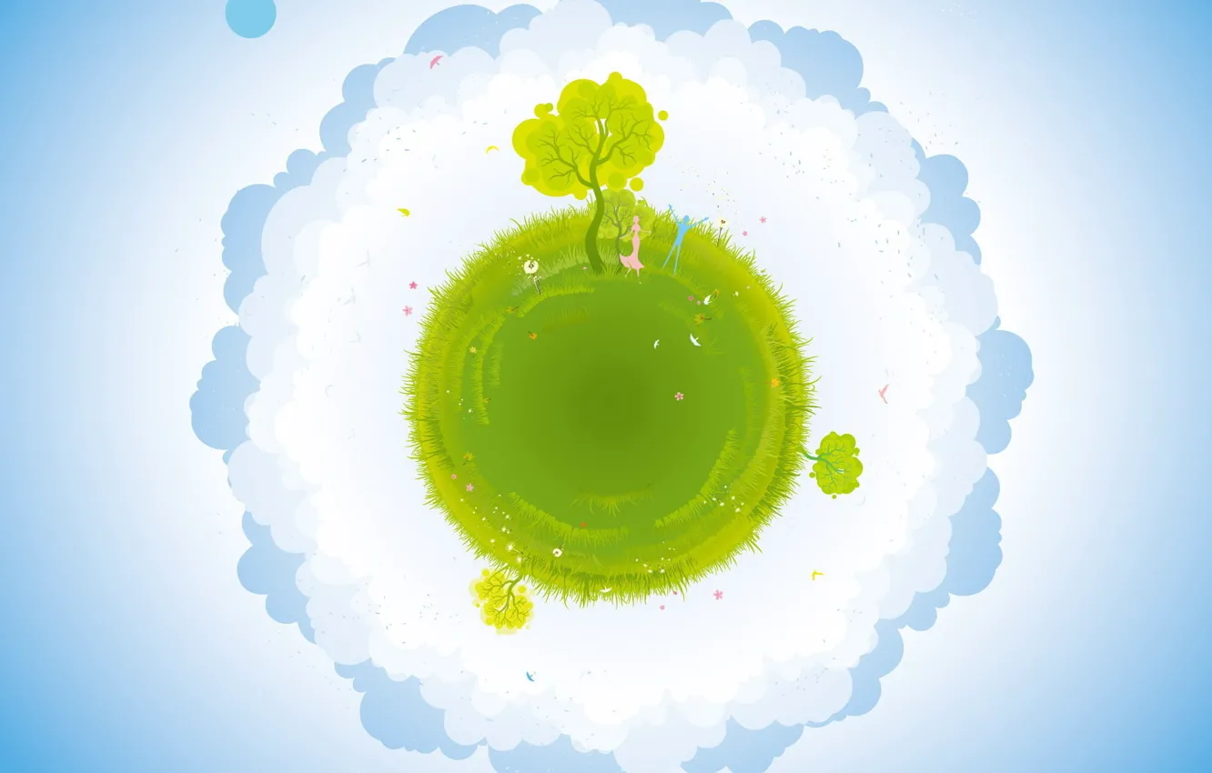 Photo wallpaper grass, clouds, trees, green, earth, blue