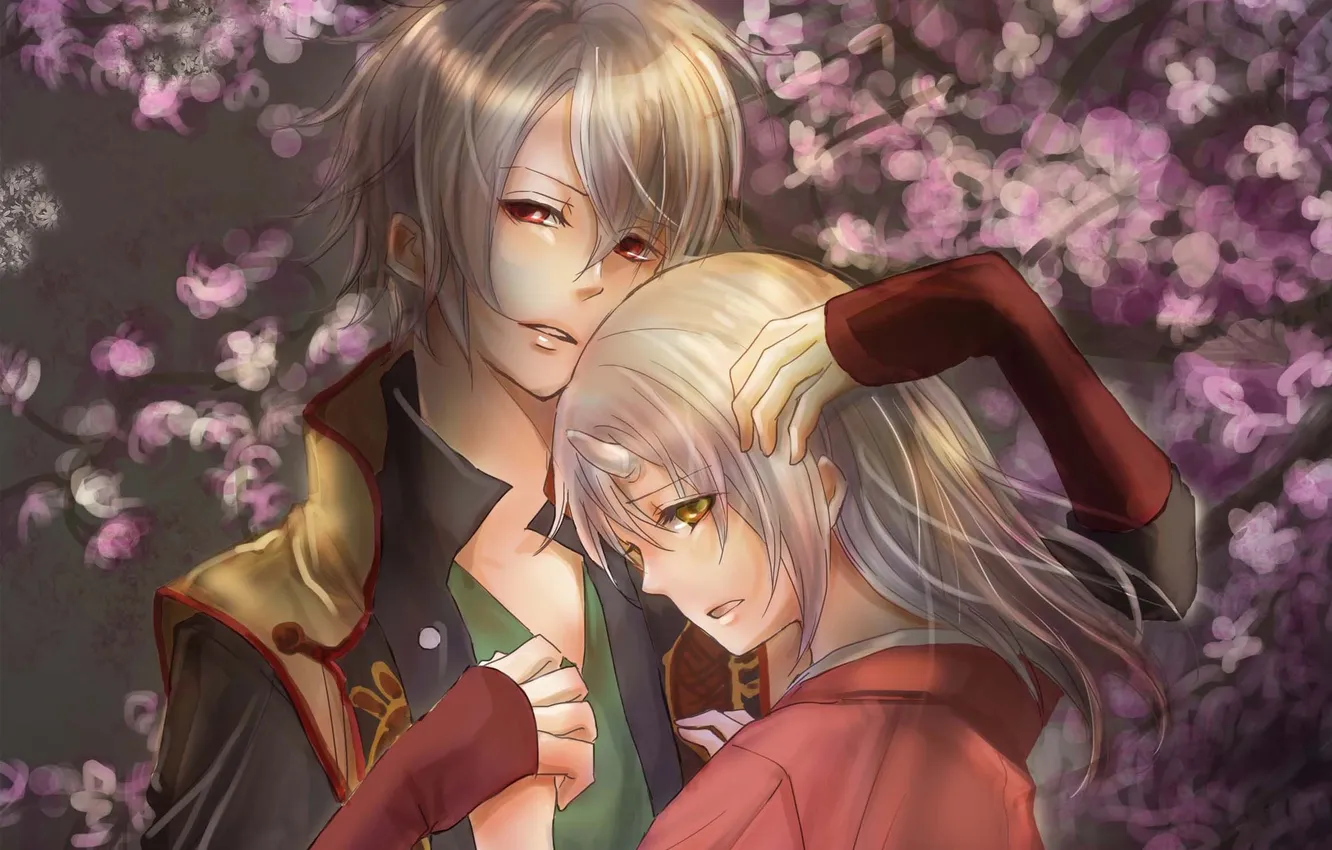 Photo wallpaper girl, flowers, the demon, guy, two, art, Hakuouki, Yukimura Chizuru
