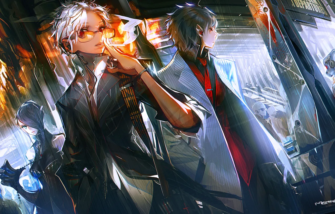 Photo wallpaper look, girl, smoke, surprise, cigarette, guy, art, Panorama