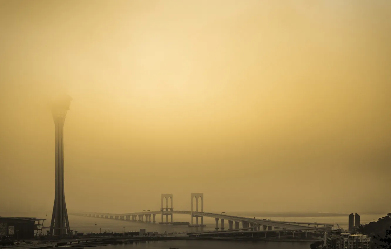 Photo wallpaper the sky, bridge, fog, Strait, tower