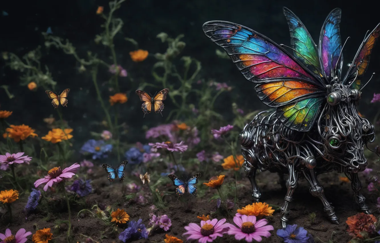 Photo wallpaper flowers, butterfly, meadow, bull