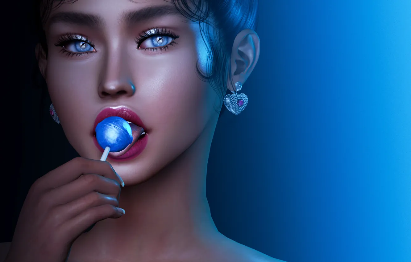 Photo wallpaper eyes, girl, face, rendering, hair, candy, lips
