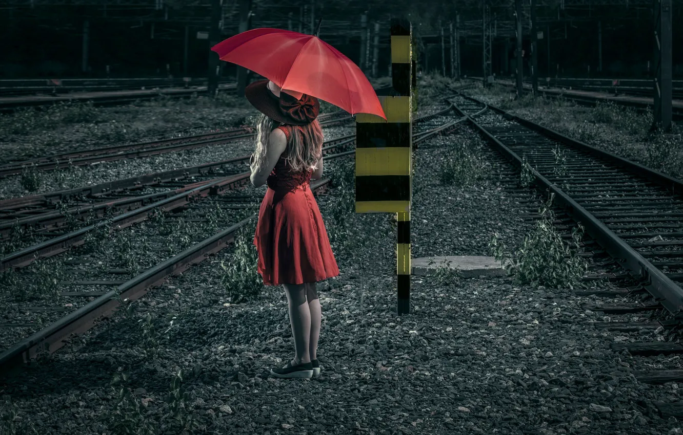 Photo wallpaper girl, umbrella, railroad