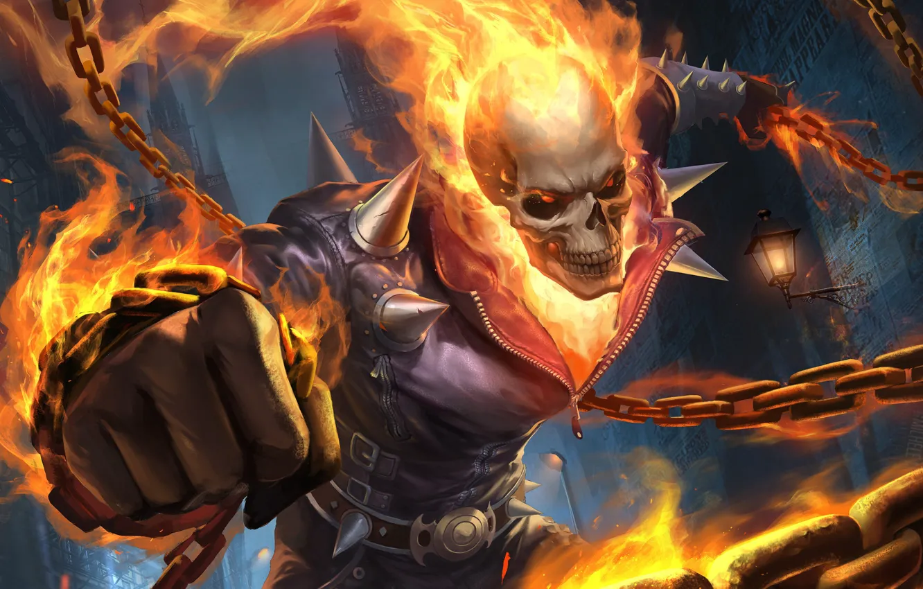 Photo wallpaper Skull, Fire, Chain, Background, Ghost Rider, Ghost rider, Flame, Art