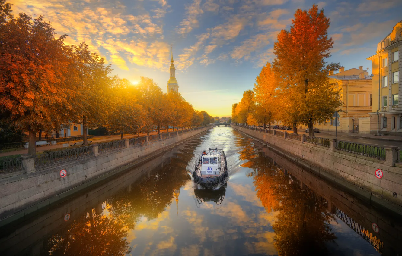 Photo wallpaper autumn, the sky, trees, nature, reflection, river, dawn, Gordeev Edward
