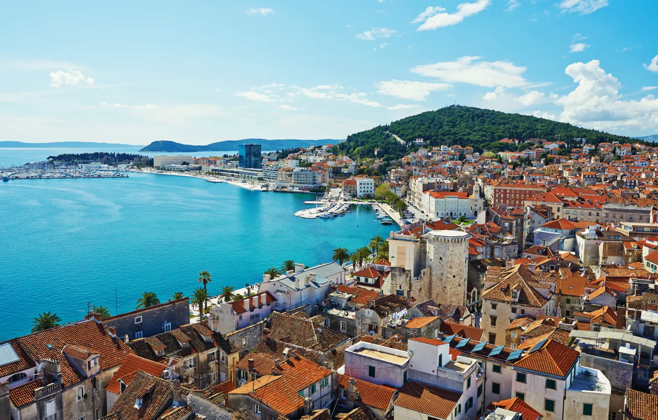 Photo wallpaper sea, shore, home, boats, Croatia, piers, Split