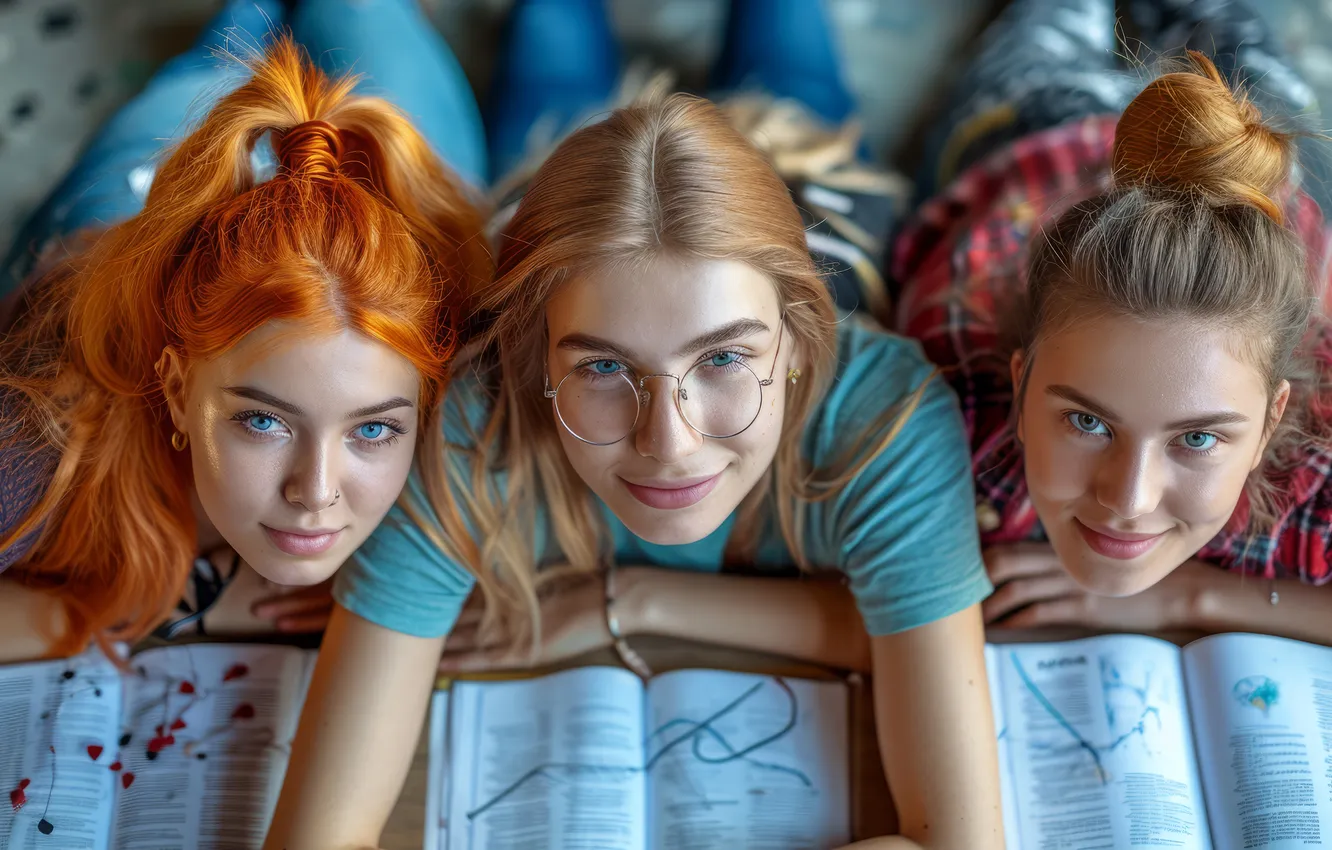 Photo wallpaper look, girl, girls, together, books, jeans, glasses, face