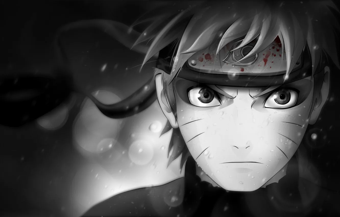 Photo wallpaper look, character, blood, black and white, symbol, headband, Naruto, Naruto