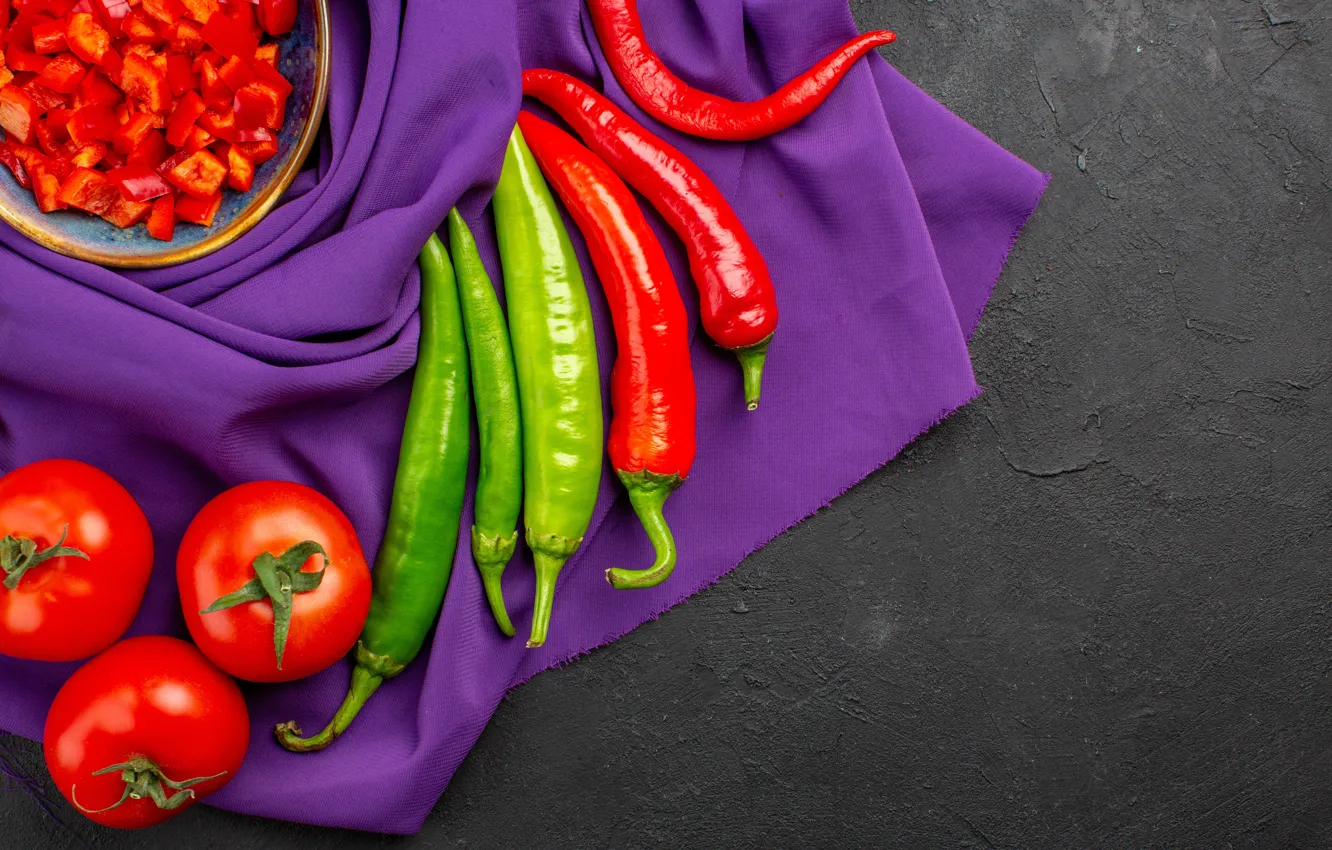 Photo wallpaper red, green, contrast, fabric, pepper, bowl, grey background, sharp