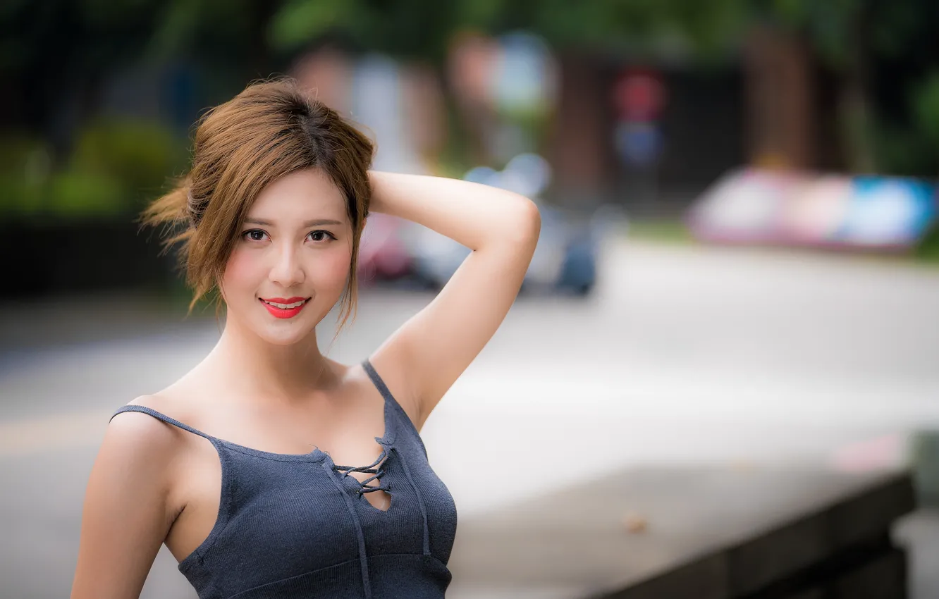 Photo wallpaper girl, pose, smile, Asian, cutie, bokeh