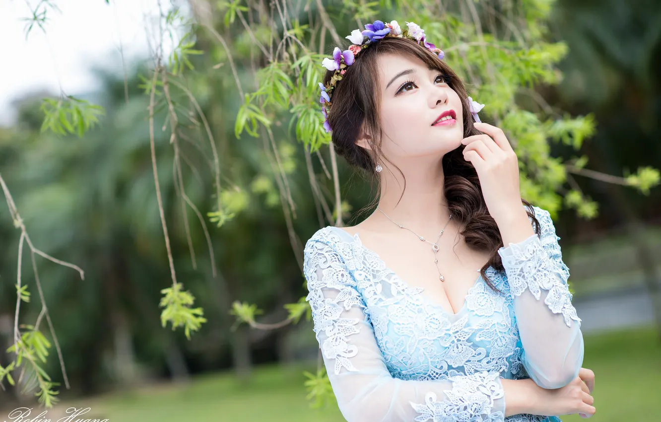 Photo wallpaper trees, branches, model, portrait, hands, makeup, dress, brunette