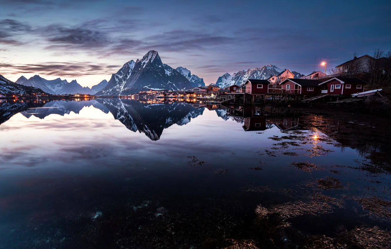 Photo wallpaper water, mountain, the evening, houses, Norway, fishing village