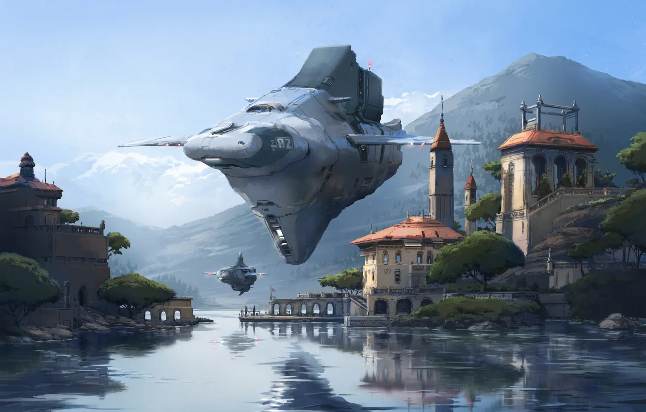 Photo wallpaper fantasy, river, science fiction, mountains, sci-fi, castle, digital art, artwork