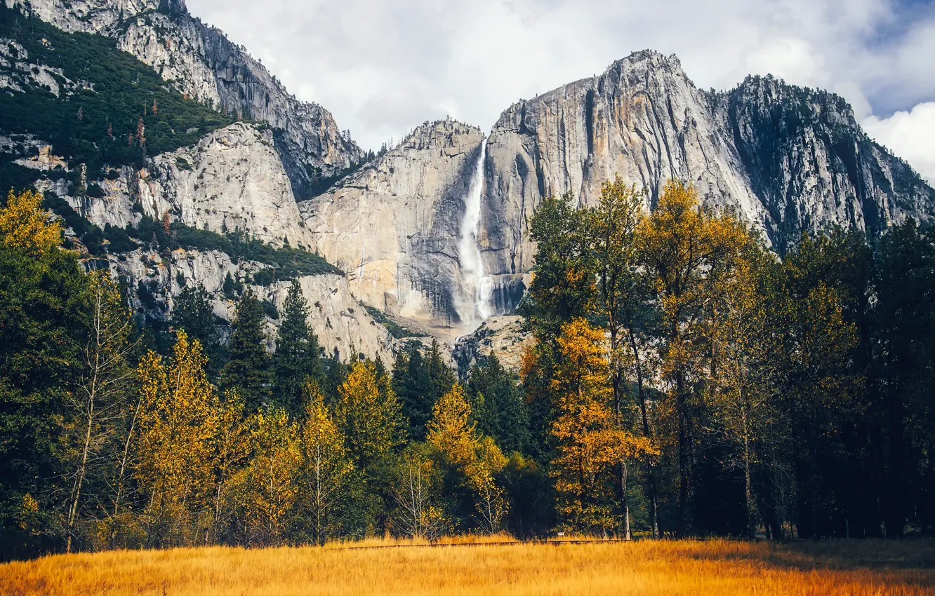 Photo wallpaper autumn, grass, trees, mountains, rocks, glade, waterfall, CA