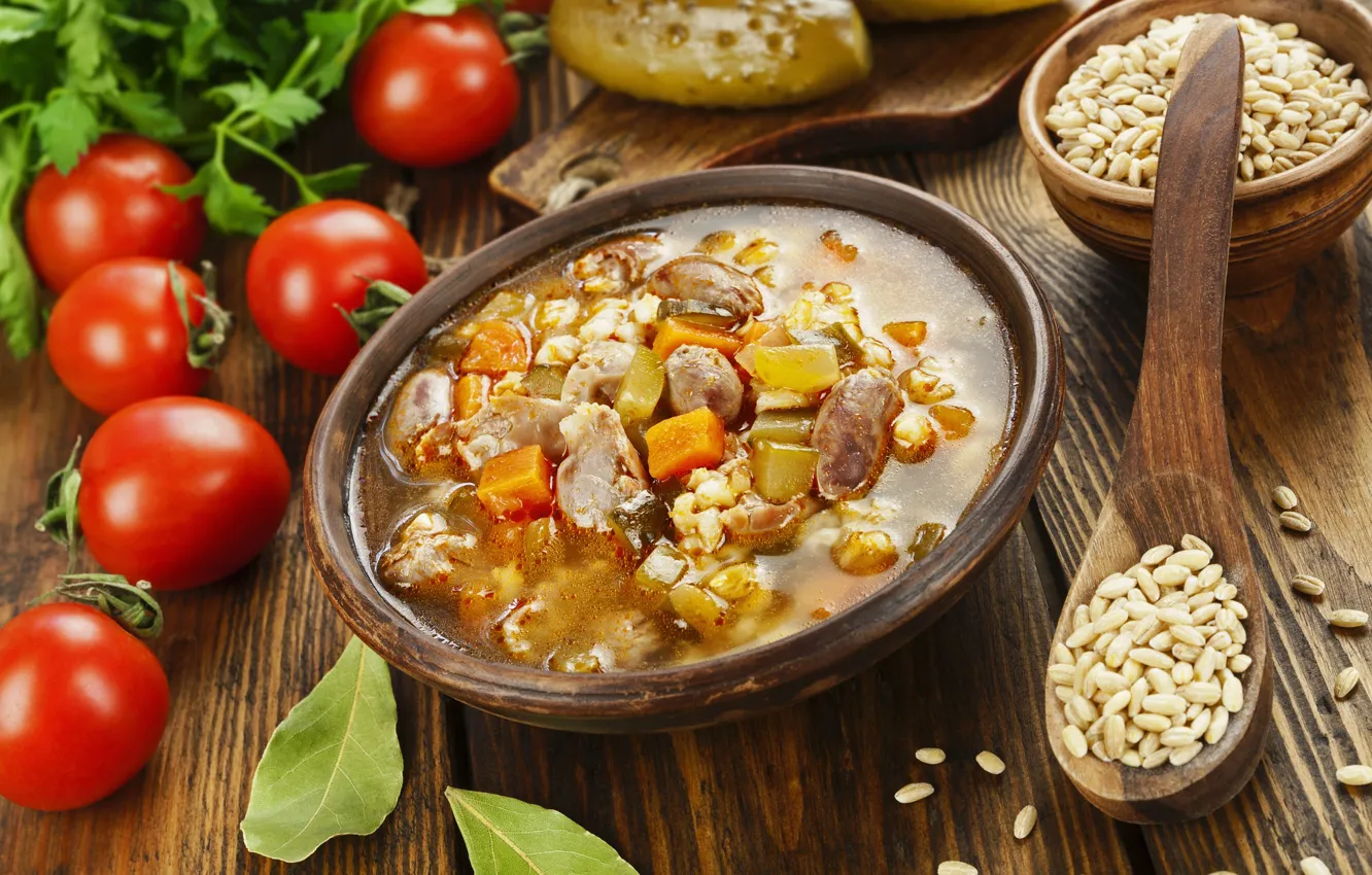 Photo wallpaper soup, meat, tomatoes, cucumbers