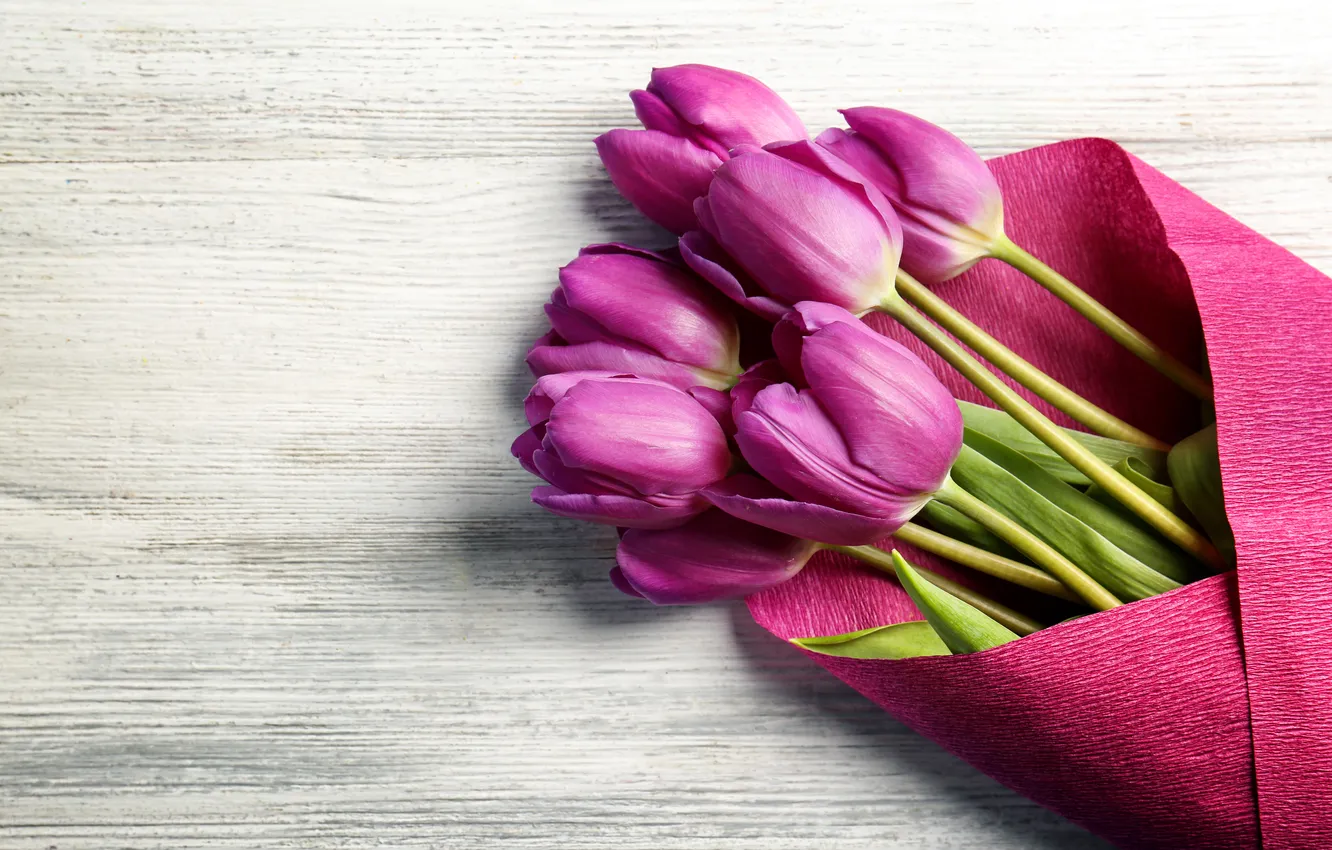 Photo wallpaper flowers, bouquet, tulips, wood, flowers, tulips, spring, purple