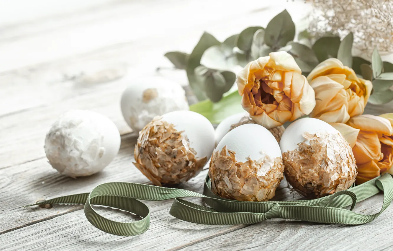 Photo wallpaper leaves, light, flowers, yellow, holiday, Board, eggs, bouquet