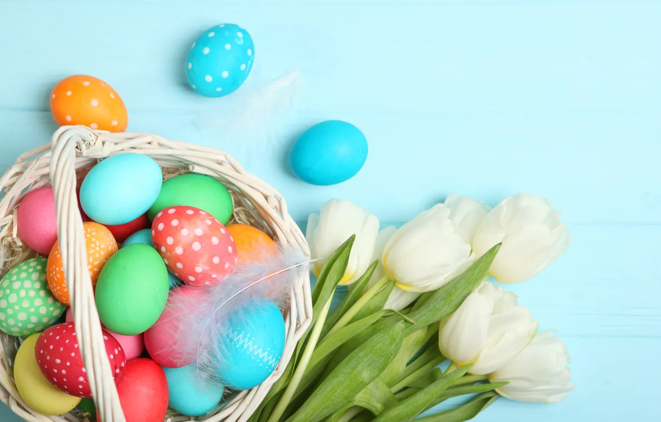 Photo wallpaper flowers, eggs, spring, colorful, Easter, tulips, wood, flowers