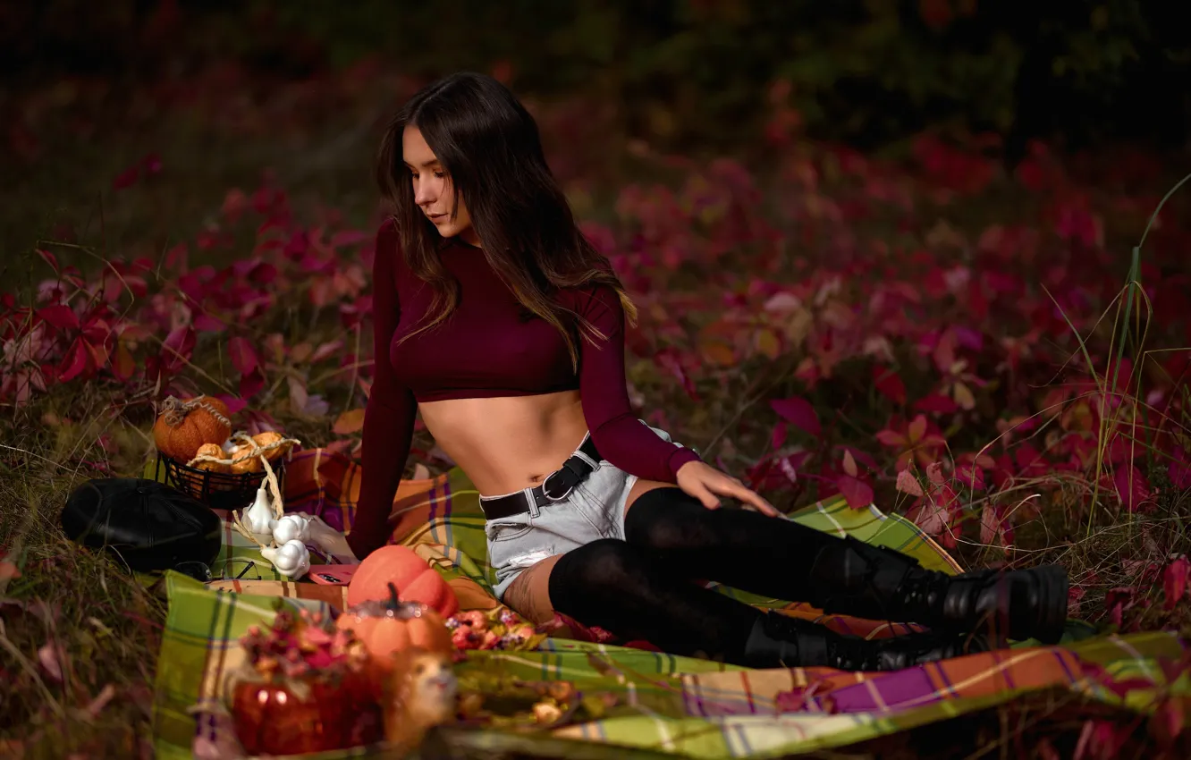 Photo wallpaper nature, model, tattoo, women, brunette, plants, picnic, hips
