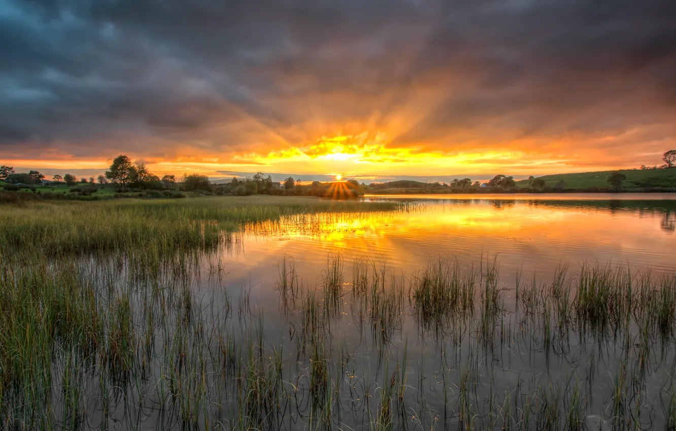 Photo wallpaper landscape, sunset, nature, river