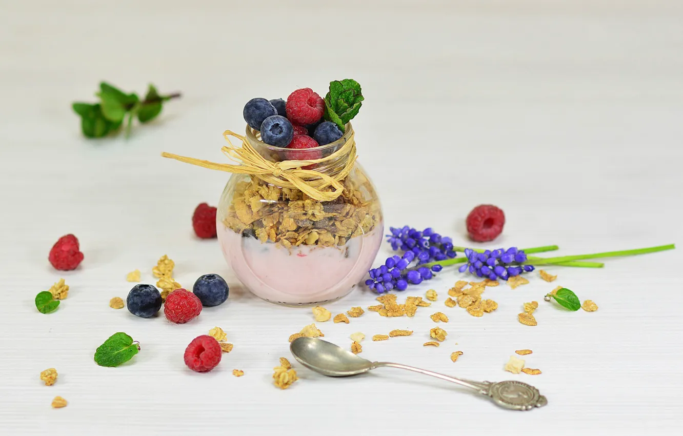 Photo wallpaper flowers, berries, raspberry, Breakfast, blueberries, cereal, yogurt