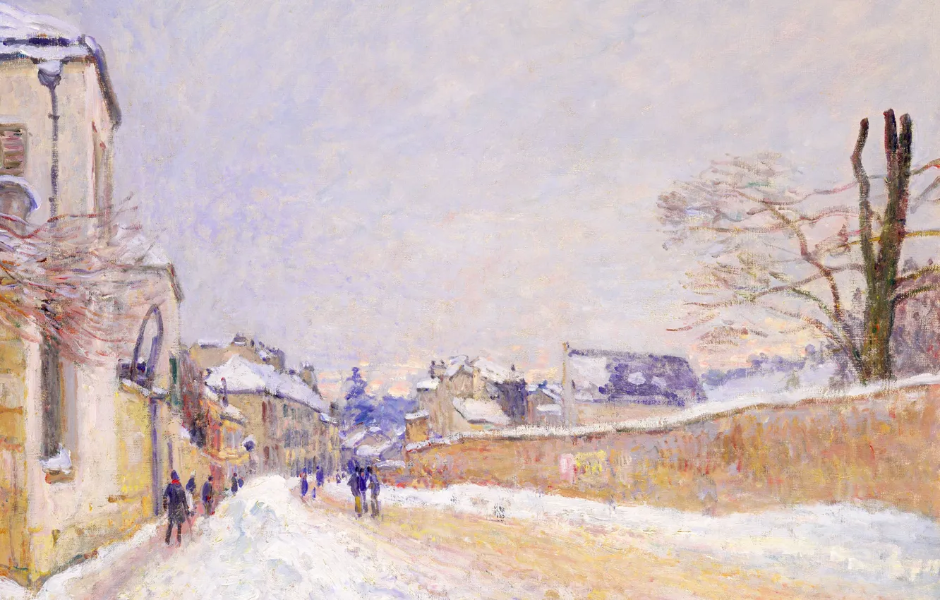 Photo wallpaper winter, snow, landscape, street, home, picture, the urban landscape, Alfred Sisley