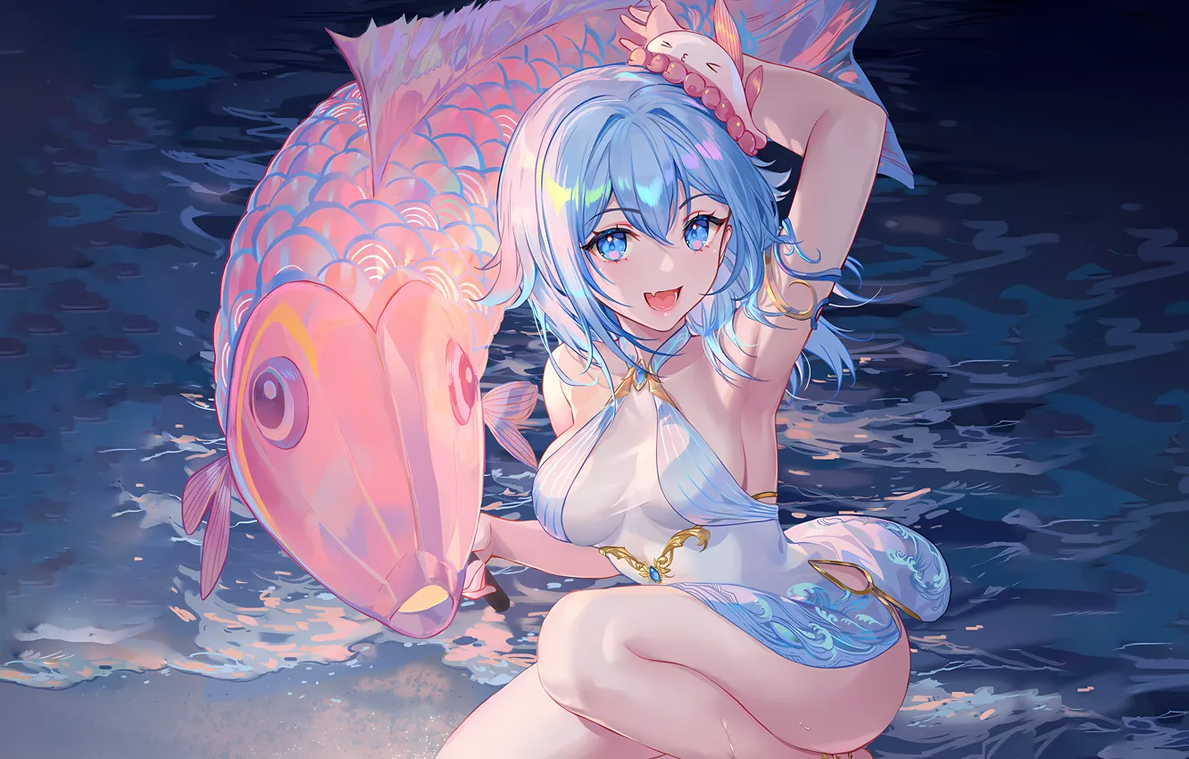 Photo wallpaper girl, sexy, cleavage, beach, long hair, dress, legs, sea